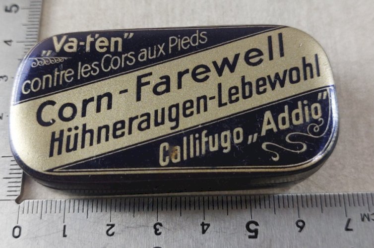 Ancienne boîte publicitaire en tôle, Va-t'en, Corn Farewell, Califugo Addio