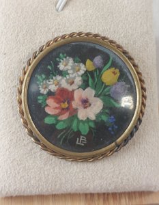 Old brooch, hand-painted floral design