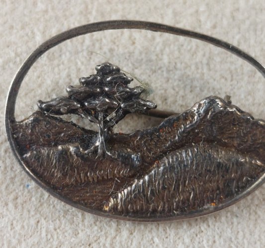Ancienne broche, décor paysage avec arbre, en argent massif