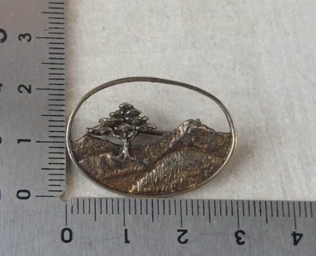 Ancienne broche, décor paysage avec arbre, en argent massif