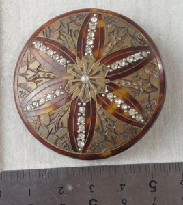 Old carved wooden brooch, rhinestones and beads, tortoiseshell style