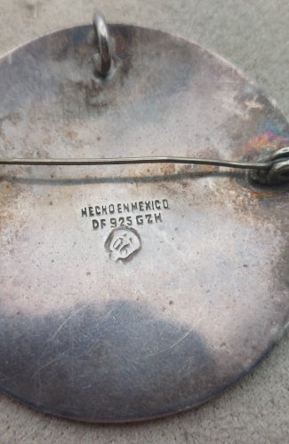 Ancienne broche / pendentif, Aztèque, en argent massif, Hecho Mexico