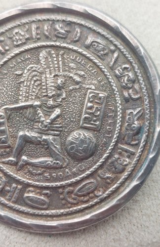 Ancienne broche / pendentif, Aztèque, en argent massif, Hecho Mexico