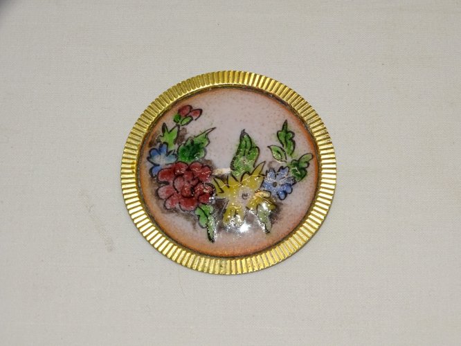 - ANCIENNE BROCHE PENDENTIF EMAILLE EMAIL FLEURS COLOREES METAL Doré BIJOU  D