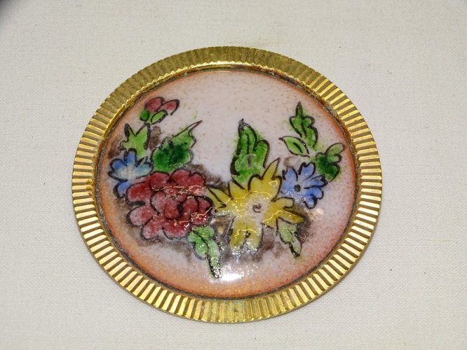 - ANCIENNE BROCHE PENDENTIF EMAILLE EMAIL FLEURS COLOREES METAL Doré BIJOU  D