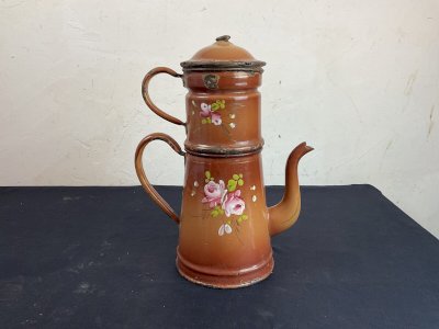 Vintage Enamelled Metal Coffee Pot with Rose Design