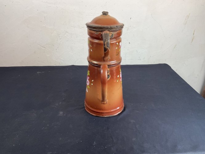 Ancienne Cafetiere Tôle Emaillée décor de roses