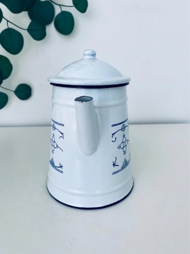 Ancienne Cafetière / Verseuse en Tôle Émaillée Bleue et Blanche - Circa 1930
