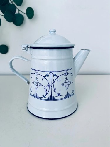 Ancienne Cafetière / Verseuse en Tôle Émaillée Bleue et Blanche - Circa 1930