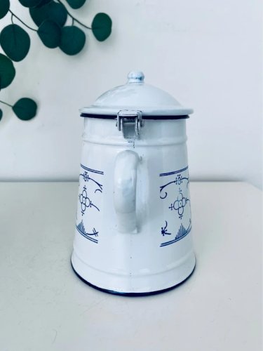 Ancienne Cafetière / Verseuse en Tôle Émaillée Bleue et Blanche - Circa 1930