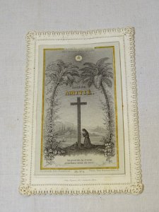-ANCIENNE CARTE BORDS DENTELLE PAPIER A SYSTEME SAINTE AMITIE RELIGION