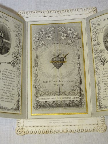 -ANCIENNE CARTE BORDS DENTELLE PAPIER A SYSTEME SAINTE AMITIE RELIGION