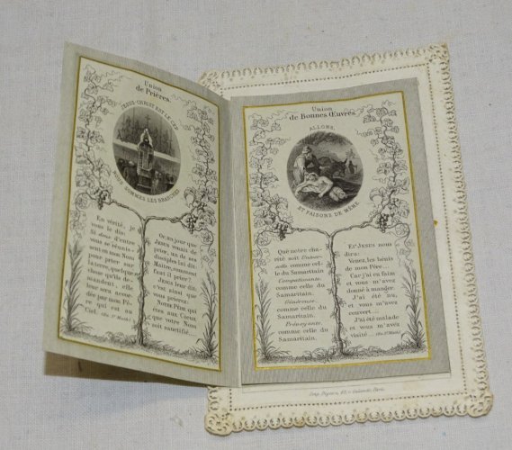 -ANCIENNE CARTE BORDS DENTELLE PAPIER A SYSTEME SAINTE AMITIE RELIGION