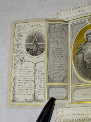 -ANCIENNE CARTE BORDS DENTELLE PAPIER A SYSTEME SAINTE AMITIE RELIGION