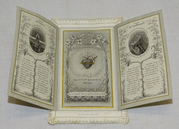 -ANCIENNE CARTE BORDS DENTELLE PAPIER A SYSTEME SAINTE AMITIE RELIGION