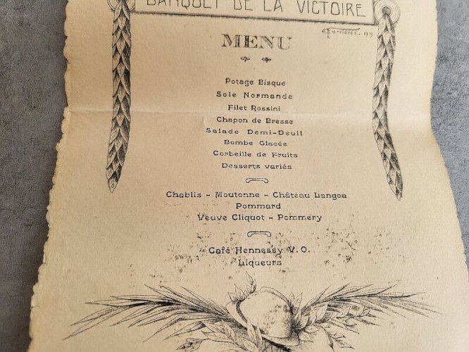 ANCIENNE CARTE DE MENU BANQUET DE LA VICTOIRE 1919 CERCLE DE L'AVENIR 19/07/1919