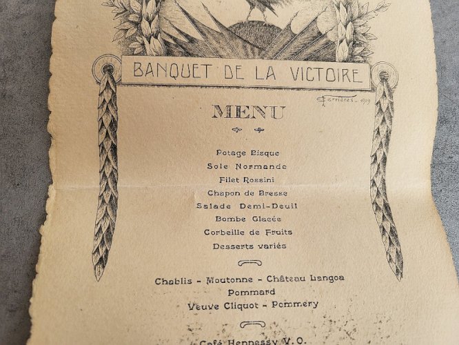 ANCIENNE CARTE DE MENU BANQUET DE LA VICTOIRE 1919 CERCLE DE L'AVENIR 19/07/1919