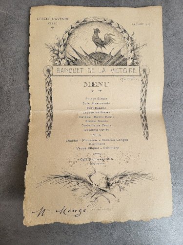ANCIENNE CARTE DE MENU BANQUET DE LA VICTOIRE 1919 CERCLE DE L'AVENIR 19/07/1919