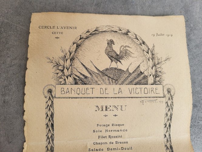 ANCIENNE CARTE DE MENU BANQUET DE LA VICTOIRE 1919 CERCLE DE L'AVENIR 19/07/1919