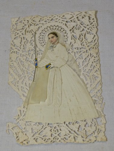 -ANCIENNE CARTE DENTELLE PAPIER 1ere COMMUNION CANIVET AVRIL 1872 RELIGION