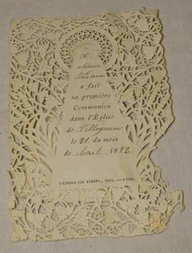 -ANCIENNE CARTE DENTELLE PAPIER 1ere COMMUNION CANIVET AVRIL 1872 RELIGION