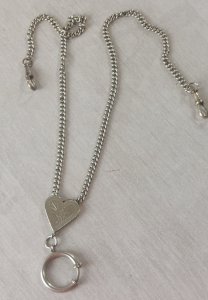 Vintage pocket watch chain, heart decoration, silver-plated metal