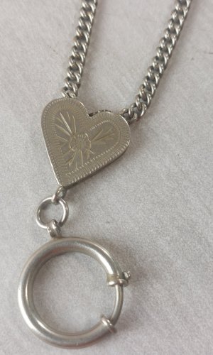 Ancienne chaîne de montre gousset, décor coeur, en métal argenté