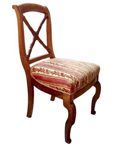 Ancienne chaise à croisillon de chambre Restauration 19 Ème Velours Décor floral