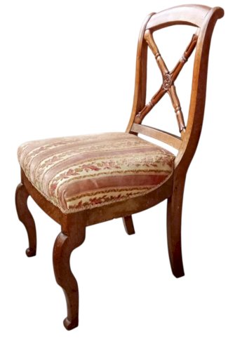 Ancienne chaise à croisillon de chambre Restauration 19 Ème Velours Décor floral