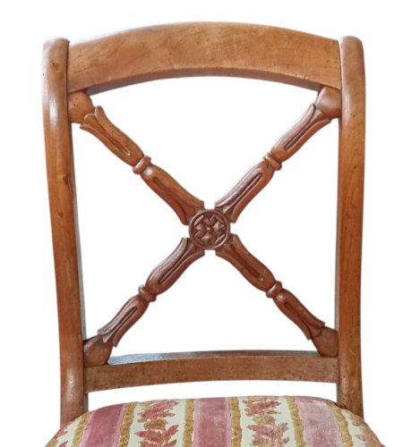 Ancienne chaise à croisillon de chambre Restauration 19 Ème Velours Décor floral