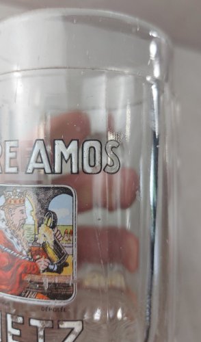 Ancienne chope à bière émaillée, en verre, bière Amos Metz