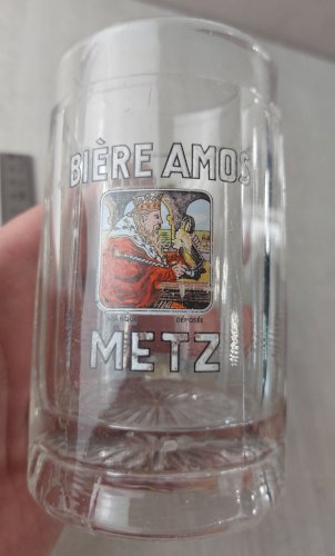Ancienne chope à bière émaillée, en verre, bière Amos Metz