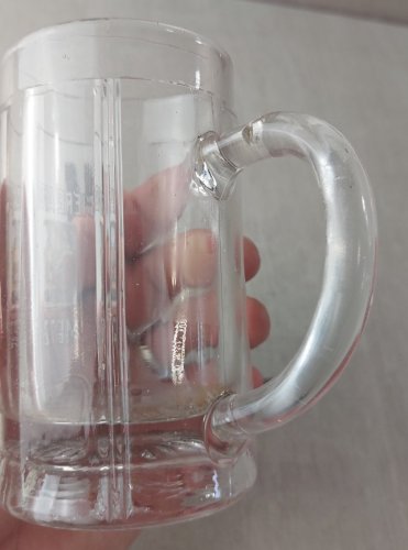 Ancienne chope à bière émaillée, en verre, bière Amos Metz