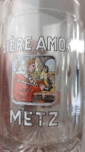 Ancienne chope à bière émaillée, en verre, bière Amos Metz