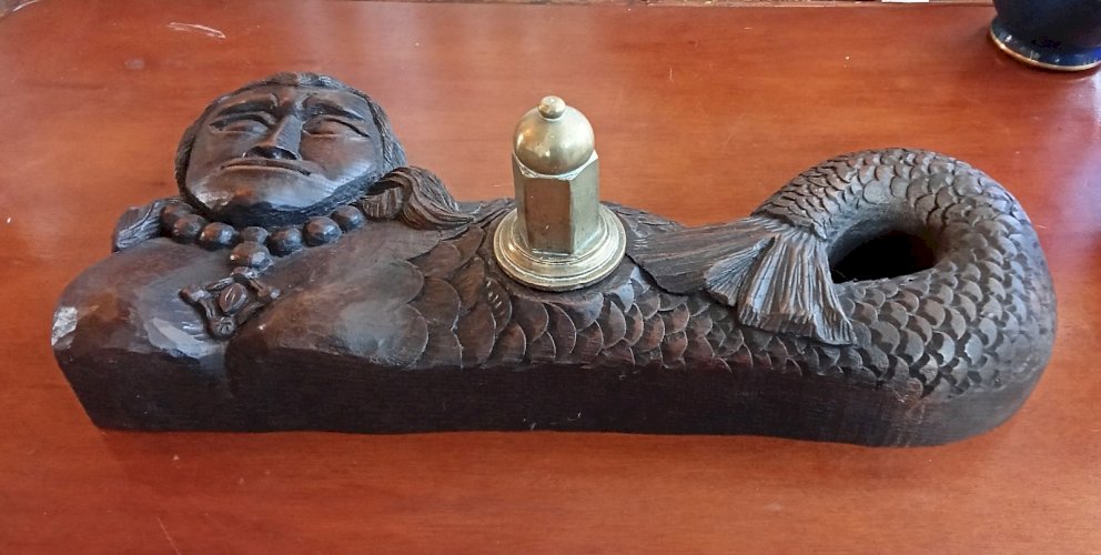 Ancienne Clef Barrique Verrou de fût Tonneau Sirène Bois Sculpté Art populaire