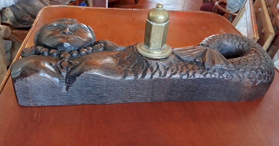 Ancienne Clef Barrique Verrou de fût Tonneau Sirène Bois Sculpté Art populaire