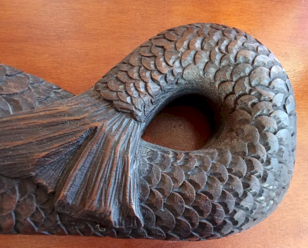 Ancienne Clef Barrique Verrou de fût Tonneau Sirène Bois Sculpté Art populaire