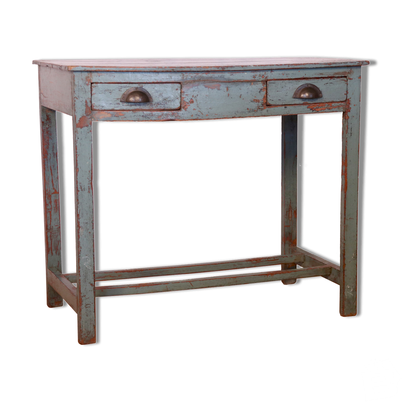 Ancienne Console 2 Tiroirs En Teck Birman Patine Grise bleue Vintage Ancienne Console 2 Tiroirs En Teck Birman Patine Grise bleue Vintage