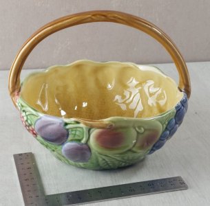 Old basket, fruit decor, in Sarreguemines majolica.