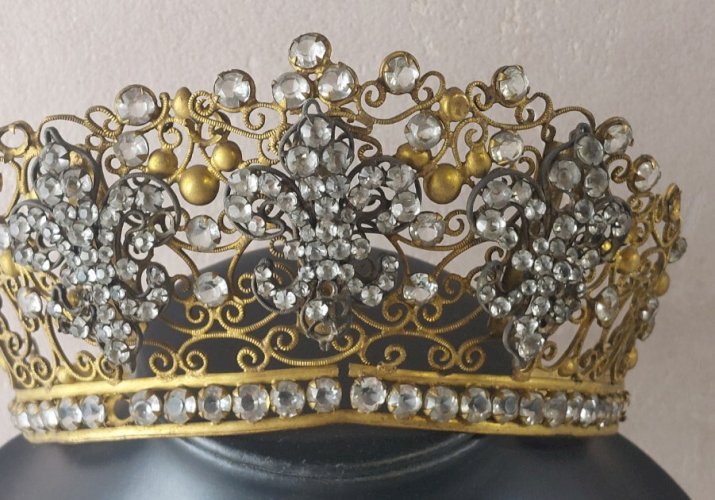 Ancienne couronne / diadème de Vierge / statue, en métal doré et strass, XIXème