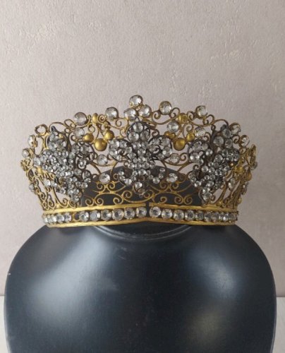Ancienne couronne / diadème de Vierge / statue, en métal doré et strass, XIXème