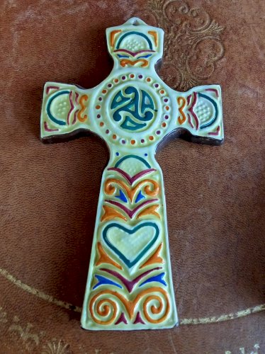 Ancienne Croix Celtique HB Quimper Bretagne Décor Peint À La Main Objet Dévotion