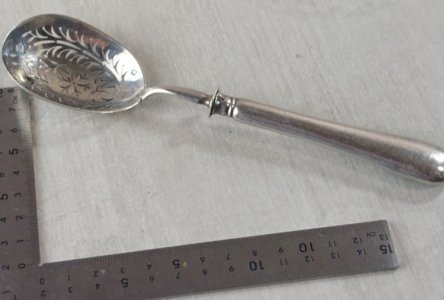 Antique silver sugar sifter spoon, maker P.D.R.