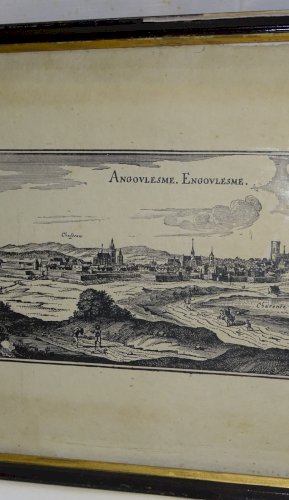 -ANCIENNE EAU FORTE  ANGOULESME ENGOULESME SOUS VERRE CADRE BOIS NOIRCI   D