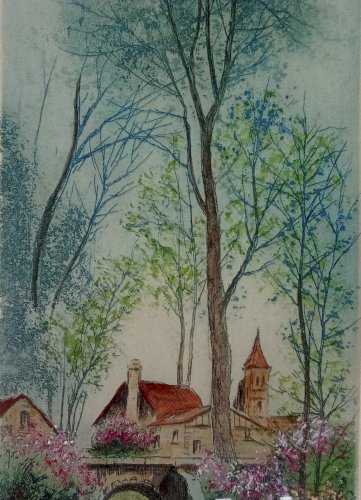 Ancienne Eau Forte Colorée originale printemps Legarf Lucien Veder Art 20 Ème