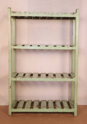 Ancienne étagère d’atelier en teck birman patine verte d’origine