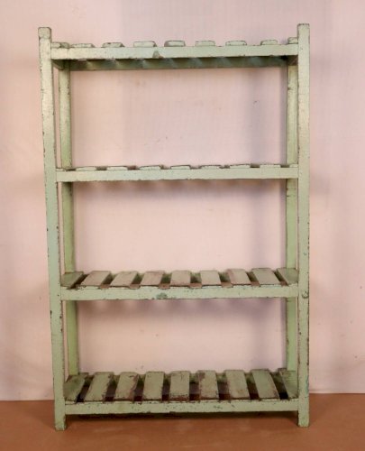 Ancienne étagère d’atelier en teck birman patine verte d’origine