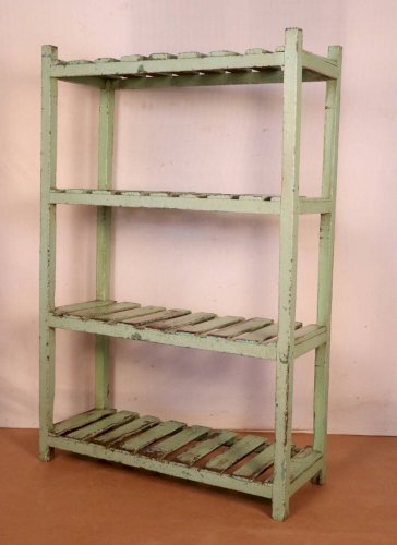 Ancienne étagère d’atelier en teck birman patine verte d’origine