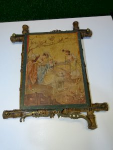 -ANCIENNE GLACE TRIPTYQUE MIROIR CENTRAL BAMBOU 2 FONDS ANIMES DECO COLLECTION D