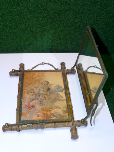 -ANCIENNE GLACE TRIPTYQUE MIROIR CENTRAL BAMBOU 2 FONDS ANIMES DECO COLLECTION D